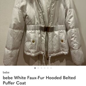 ISO — bebe White Quilted Belted Hooded Puffer Jacket with Faux Fur